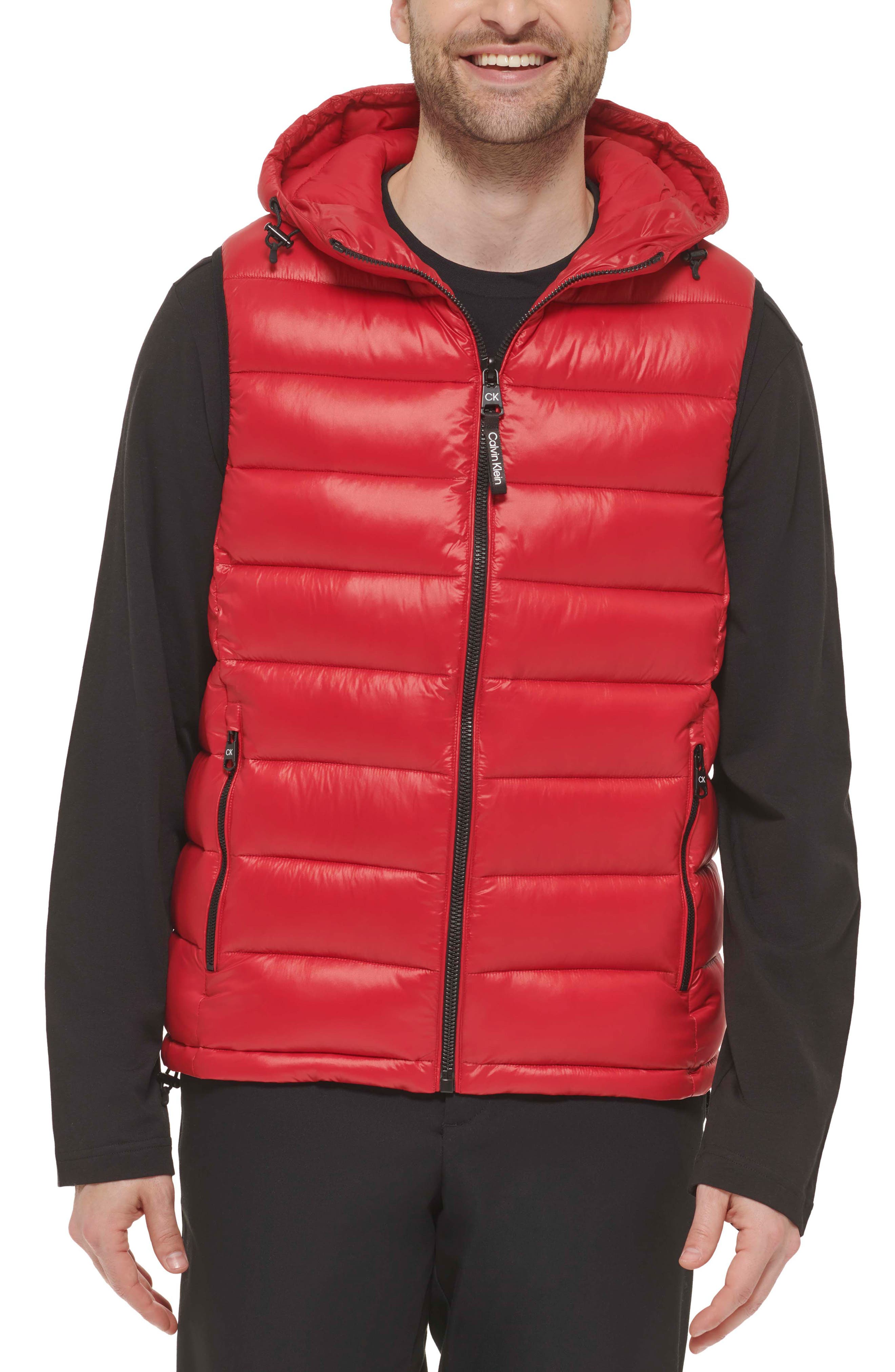 Calvin Klein Hooded Stretch Puffer Vest, Mens, M, Deep Red