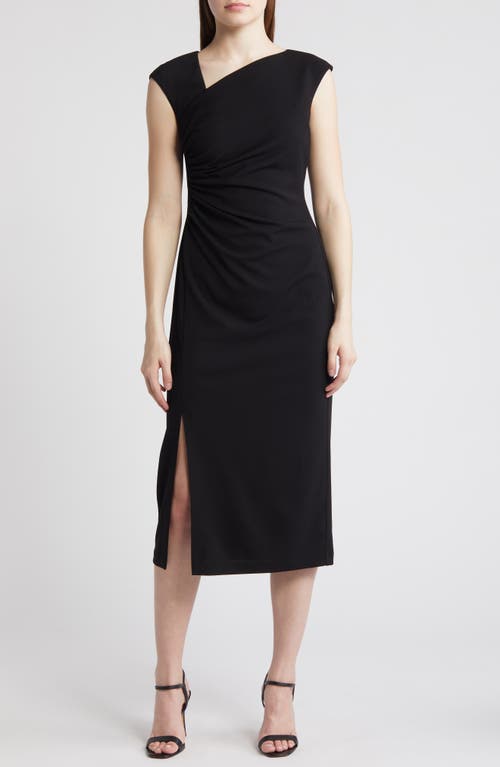 Anne Klein Asymmetric Neck Ruched Fitted Midi Dress In Black