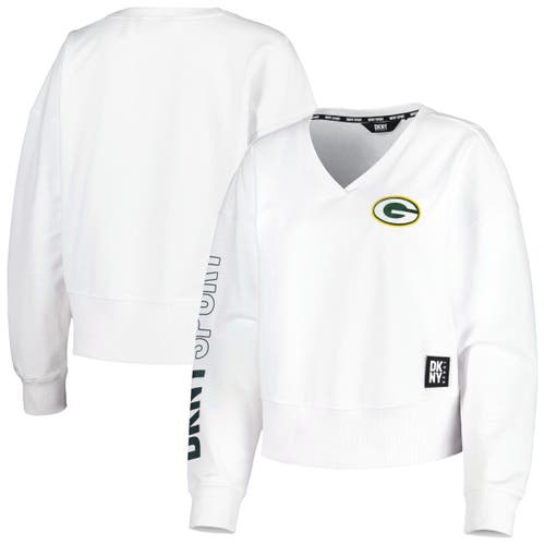 Women's DKNY Sport White Green Bay Packers Lily V-Neck Pullover Sweatshirt