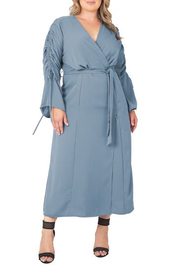 Standards & Practices Ruched Long Sleeve Wrap Maxi Dress In Slate