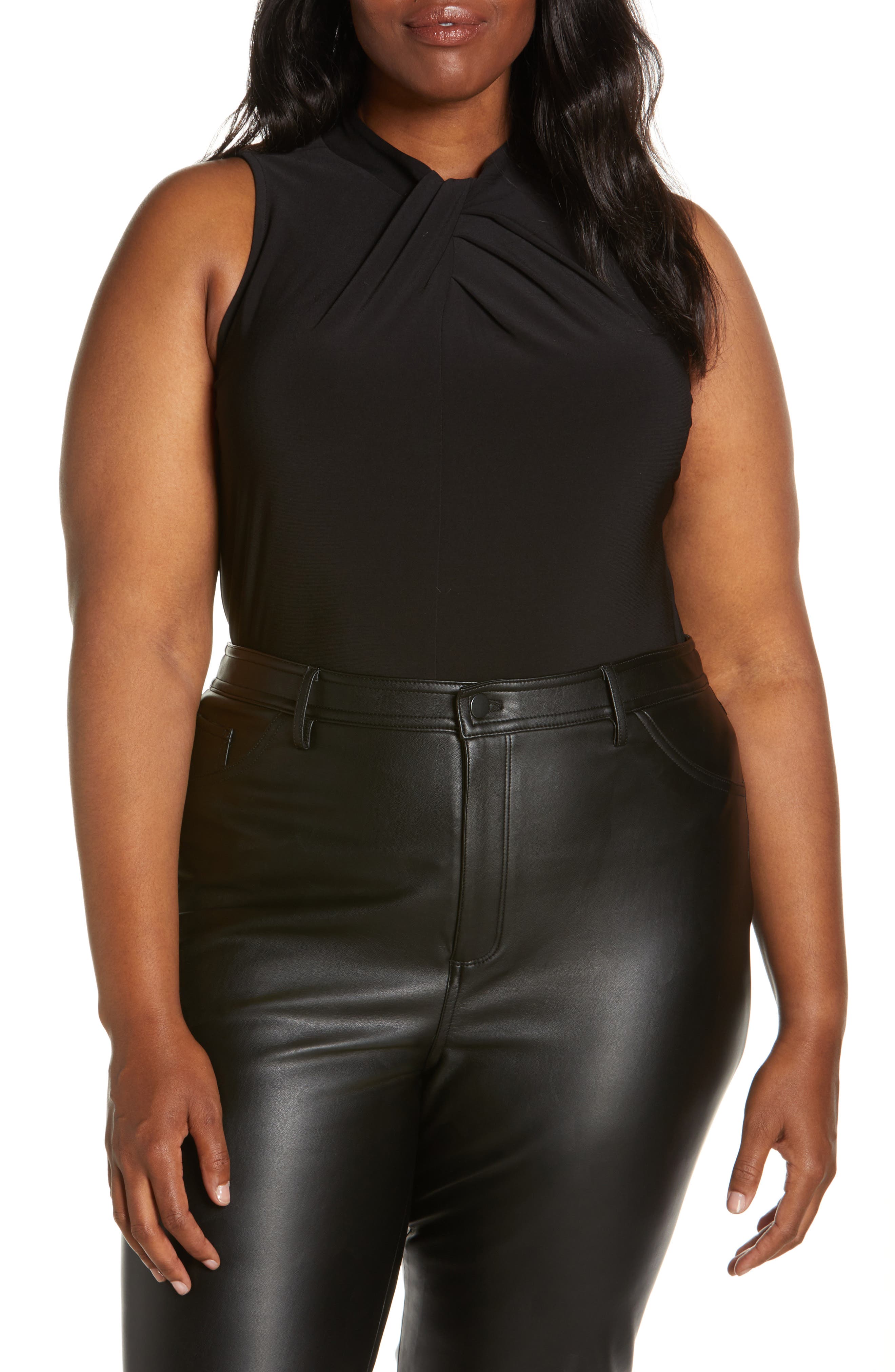 calvin klein plus size faux leather trim cap sleeve top