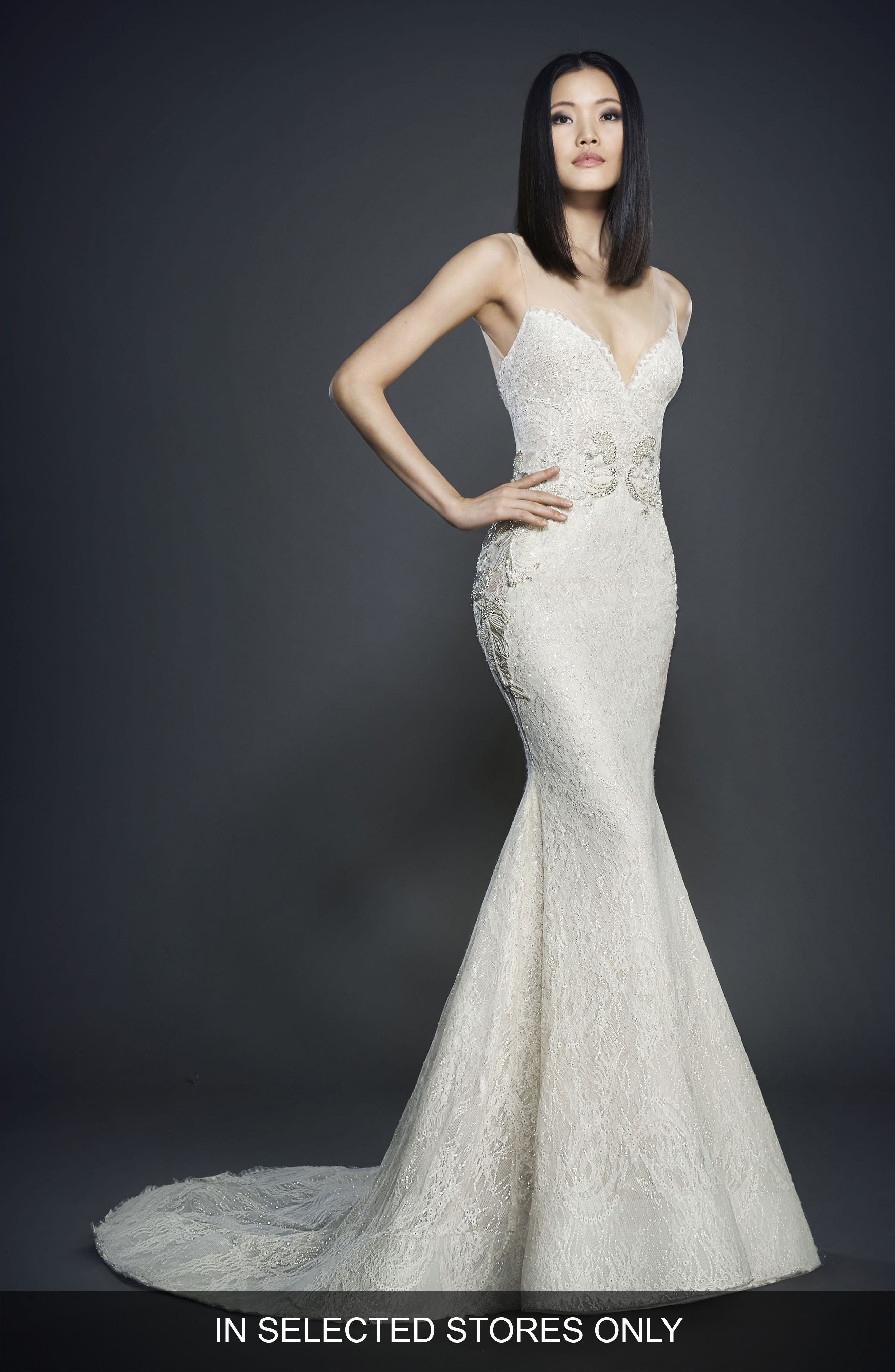 Lazaro Glitter Embellished Lace Gown