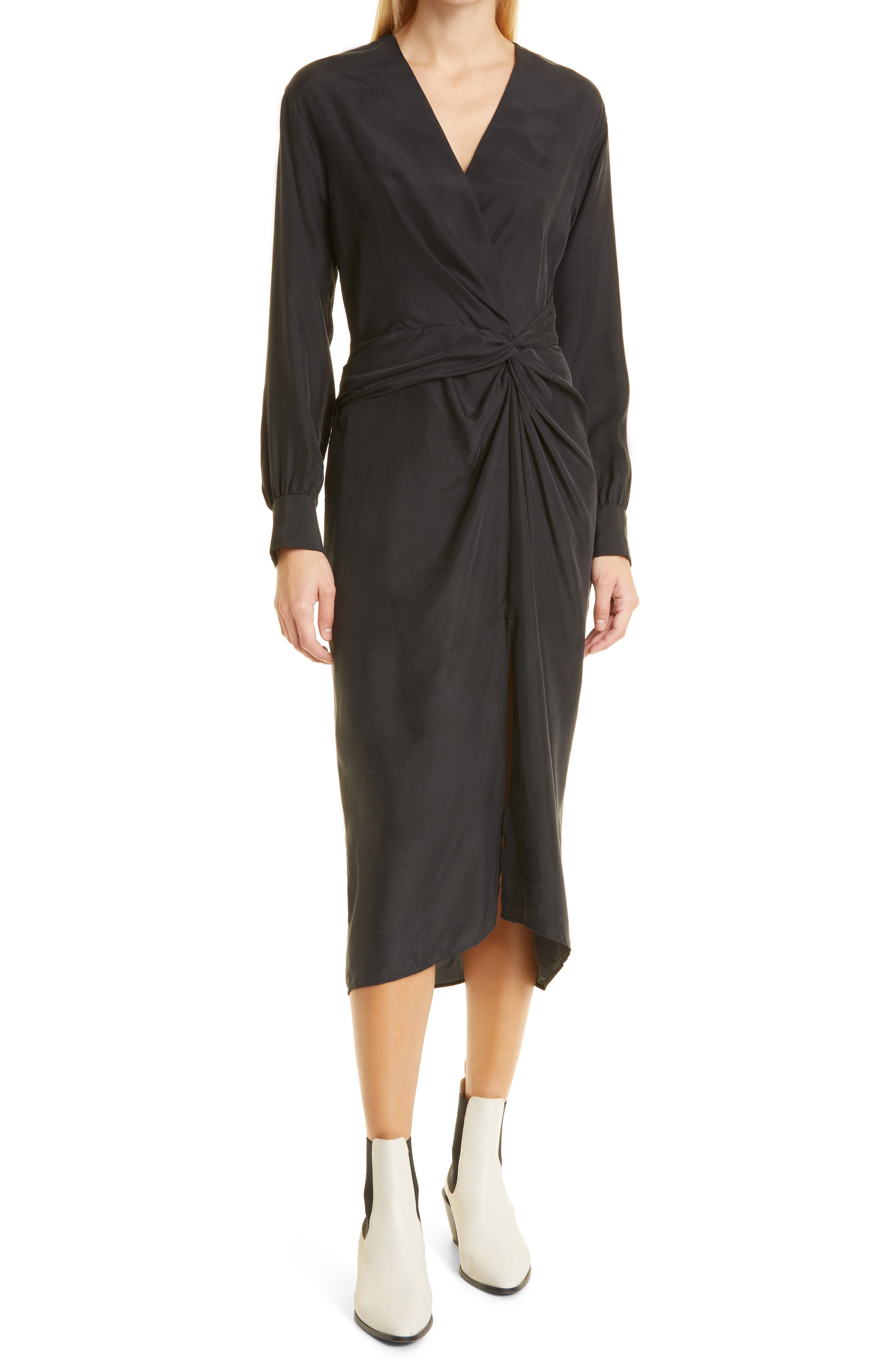 long sleeve silk midi dress