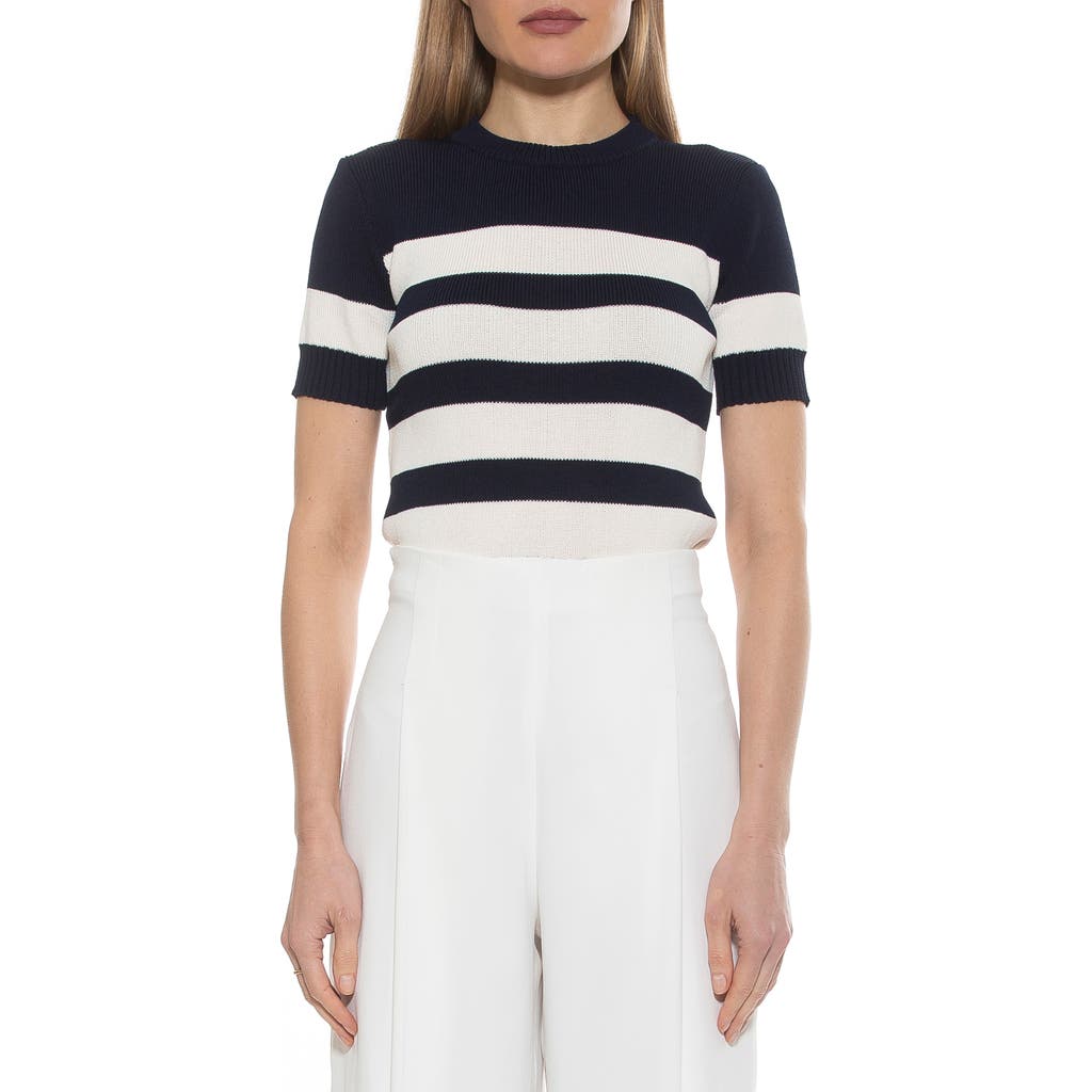 Shop Alexia Admor Pat Stripe Short Sleeve Sweater Top In Black/ivory