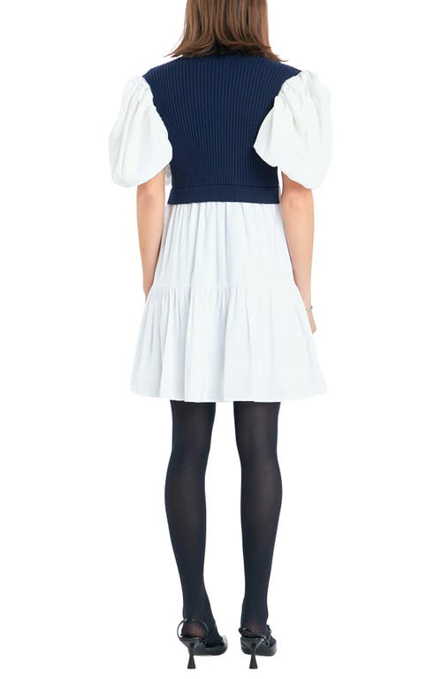 English Factory Puff Sleeve Mixed Media Sweater Dress In Navy
