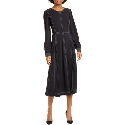 Tory Burch Pleat Detail Long Sleeve Crepe Dress, Black