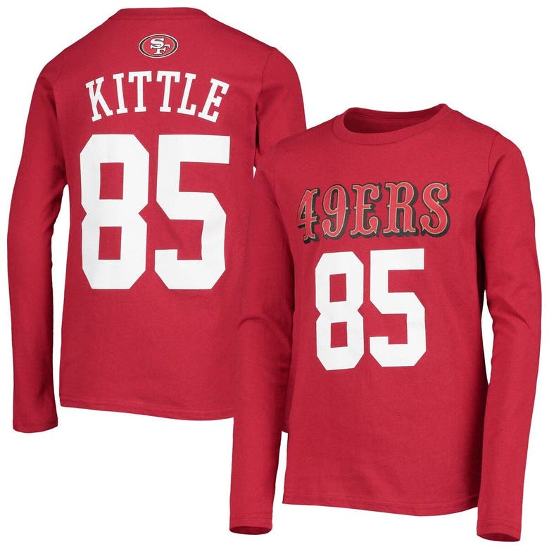 Zzdnu Outerstuff Kids' Youth George Kittle Scarlet San Francisco 49ers Mainliner Player Name & Number Long Sleeve T-shirt In Red