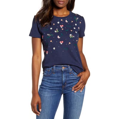 Lucky Brand Floral Embroidered Tee, Blue