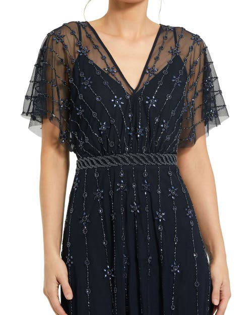 Mac Duggal V Neck Embellished Flutter Sleeve A Line Gown In Midnight
