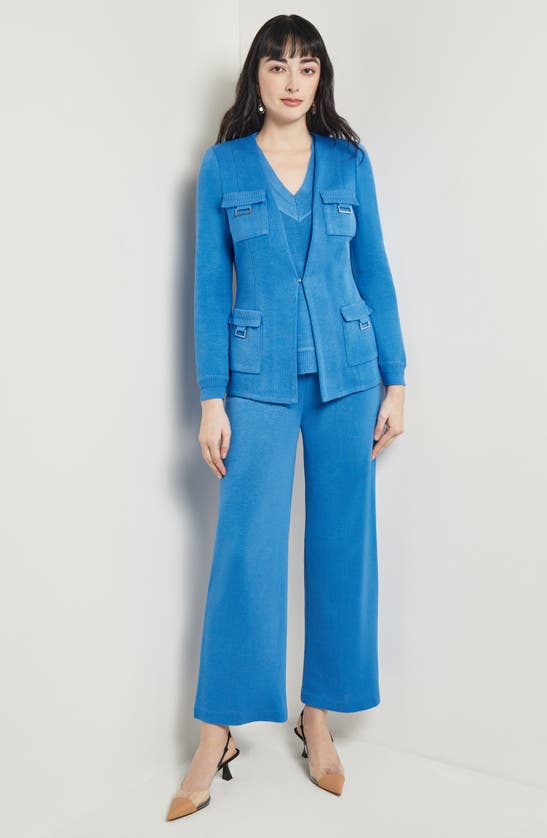 Misook Tailored Metallic Accent Ribbed Flat Knit Jacket In Adriatic Blue