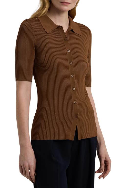 Shop Lauren Ralph Lauren Rib Knit Elbow Sleeve Polo Cardigan In Dark Terracotta