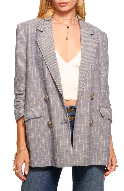 Ramy Brook Lilianna Stripe Raw Double Breasted Blazer Light Indigo Cotton at Nordstrom,