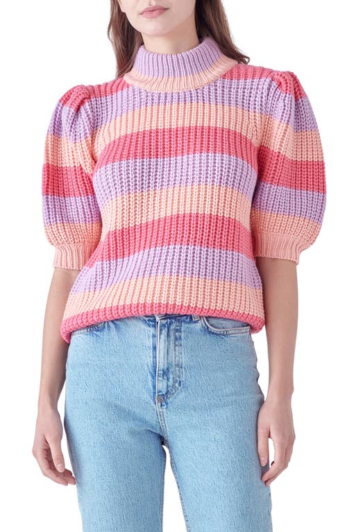 English Factory Stripe Puff Shoulder Mock Neck Sweater in Pink Multi at Nordstrom, Size Large