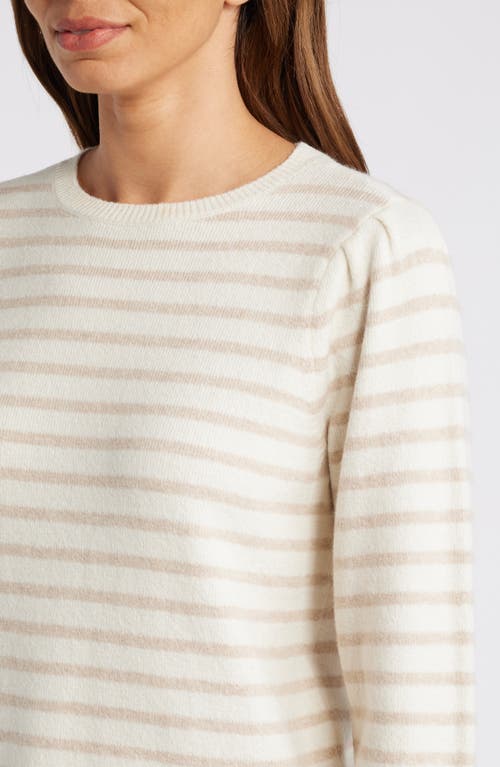 Shop Caslonr Caslon(r) Puff Sleeve Cotton Blend Crewneck Sweater In Ivory- Tan Heather Stripe