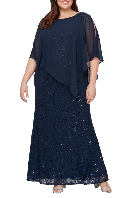 SL FASHIONS Chiffon Sequin Lace Dress in New Navy