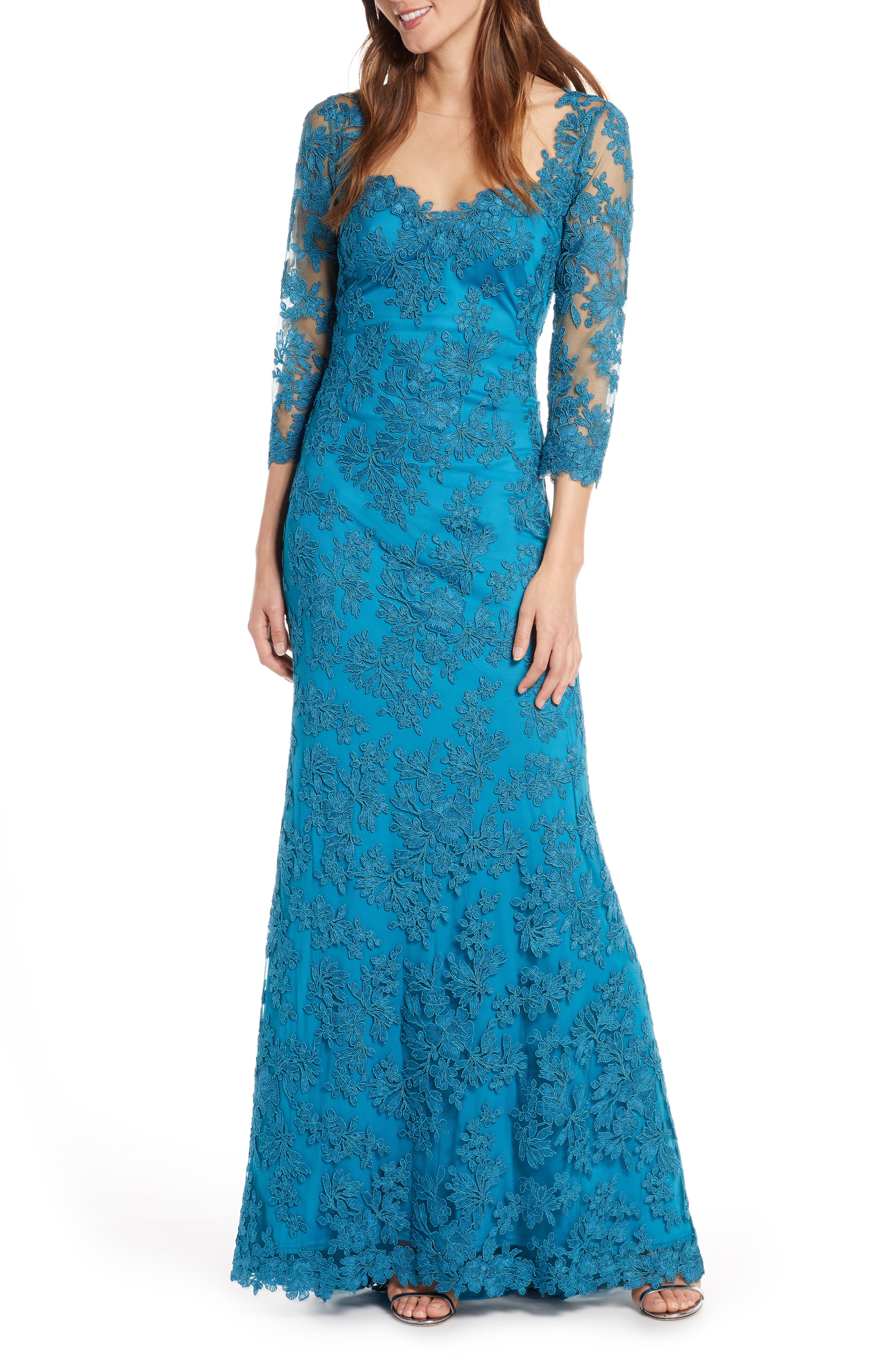 Tadashi Shoji Corded Embroidered Lace Gown, Blue