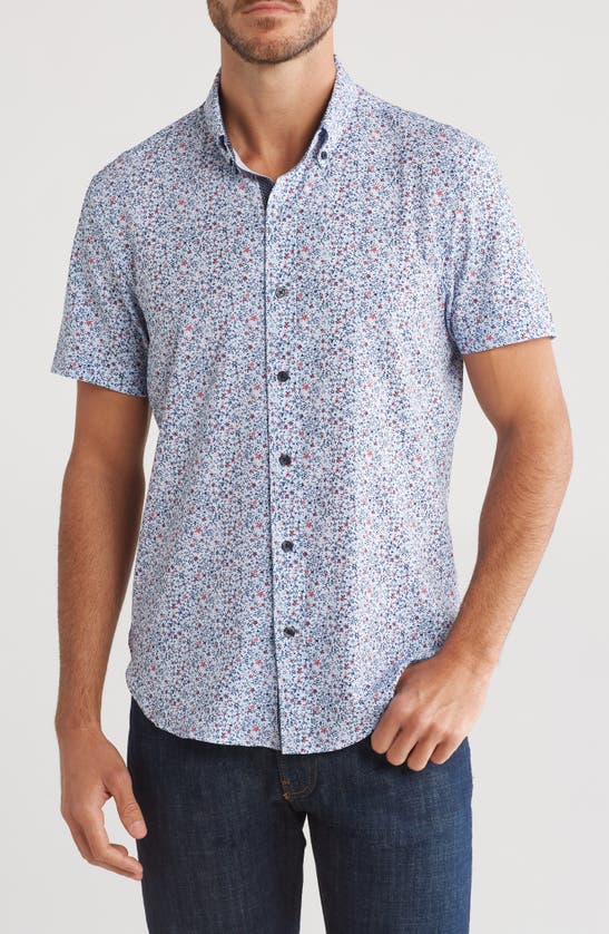 Construct Floral Stretch Short Sleeve Button-down Shirt In Blue