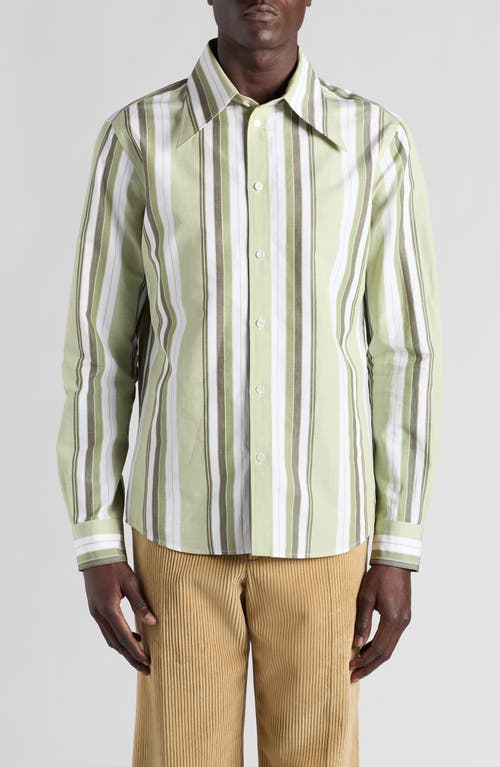 Shop Bottega Veneta Stripe Cotton & Linen Button-up Shirt In Pale Green/white