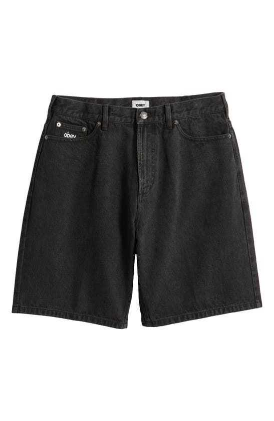 Shop Obey Bigwig Baggy Denim Shorts In Faded Black