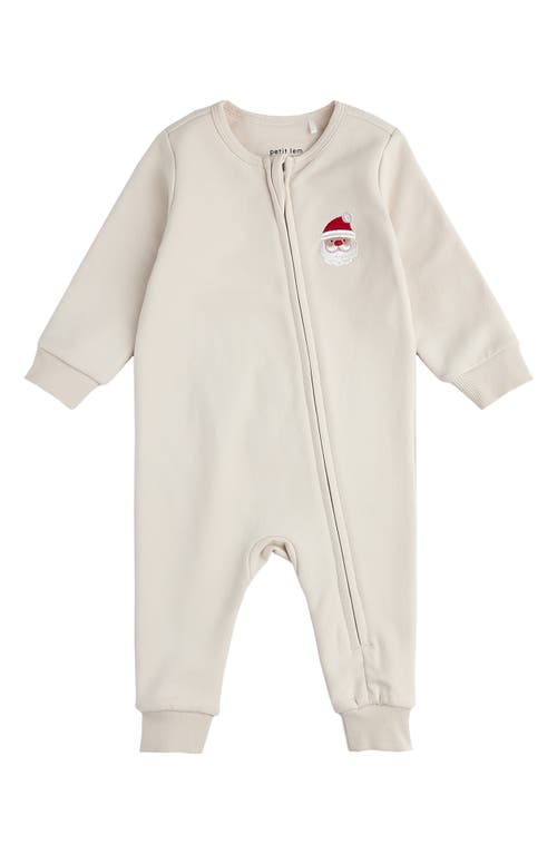 Petit Lem Kids'  Santa Embroidered Cotton Romper In Beige