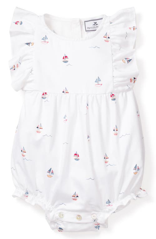 Petite Plume Kids' Ruffle Sailboat Print One-Piece Pajamas White at Nordstrom,