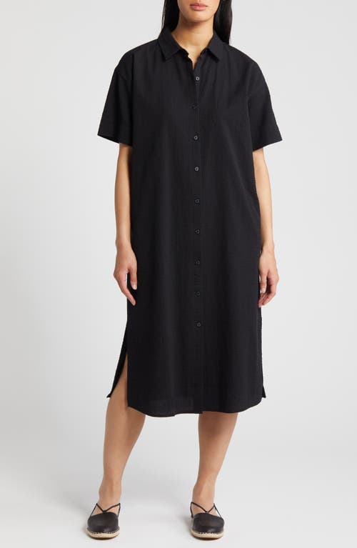 Shop Eileen Fisher Short Sleeve Organic Cotton Midi Shirtdress In Black