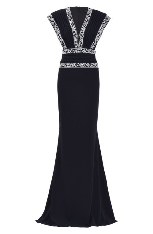 TADASHI SHOJI TADASHI SHOJI EMBROIDERED TRIM V-NECK GOWN 