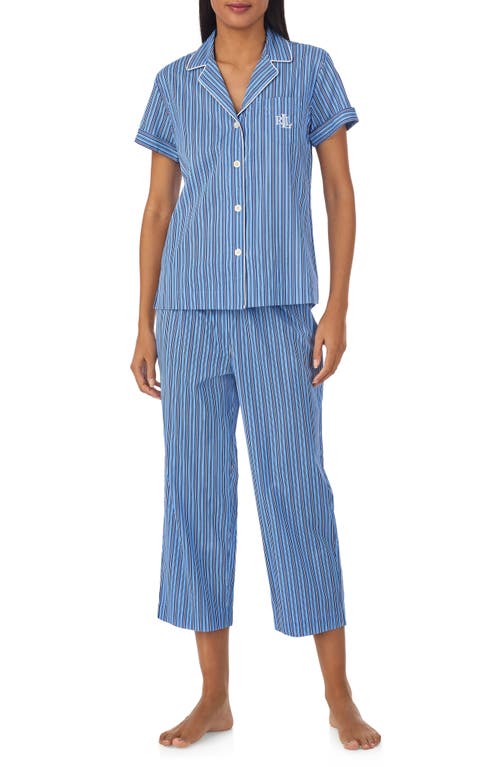 Knit Crop Cotton Blend Pajamas in Blue Stripe