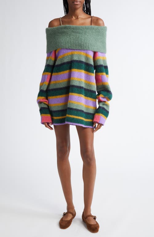 YanYan Stripe Long Sleeve Alpaca, Wool & Cotton Blend Sweater Dress in Jade/Lilac Multi 