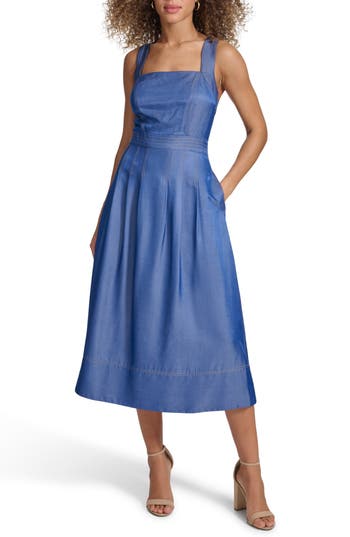 Kensie Women's Square-neck Sleeveless Denim Dress In Dark Blue