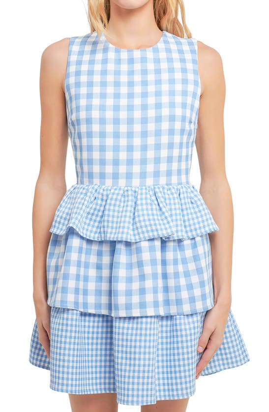 Shop English Factory Tiered Gingham Sleeveless Dress In Ocean Blue