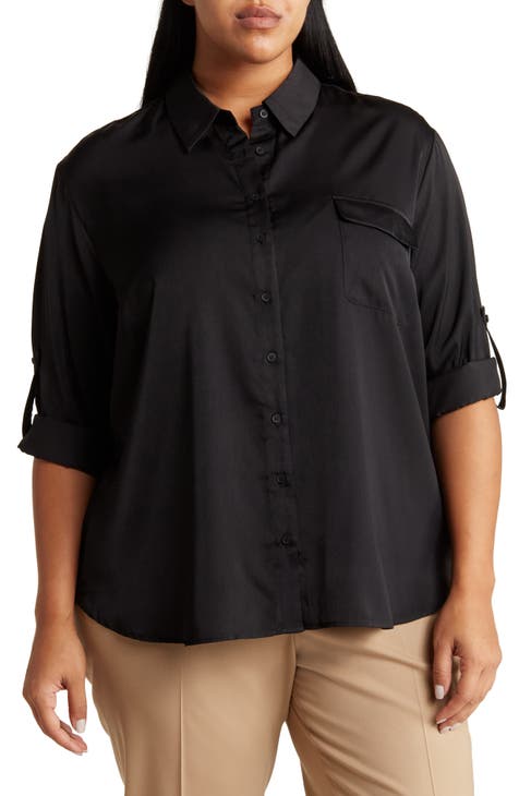 Satin Long Sleeve Button-Up Utility Shirt (Plus)