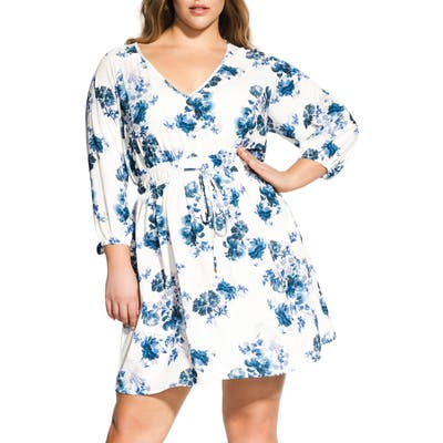 Plus Size City Chic Floral Print Drawstring Waist Dress, Blue