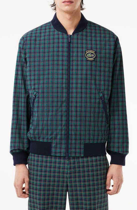 Shop Lacoste Plaid Water Repellent Bomber Jacket In Marine/ Multico