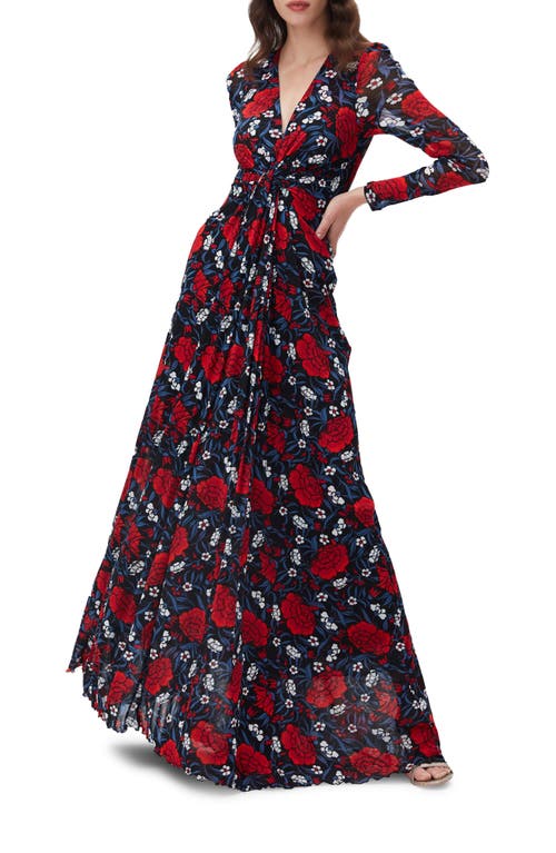 DVF Adara Floral Ruched Long Sleeve Maxi Dress in Fruit Pffft