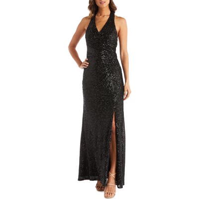 Morgan & Co. Sequin Halter Gown, Black