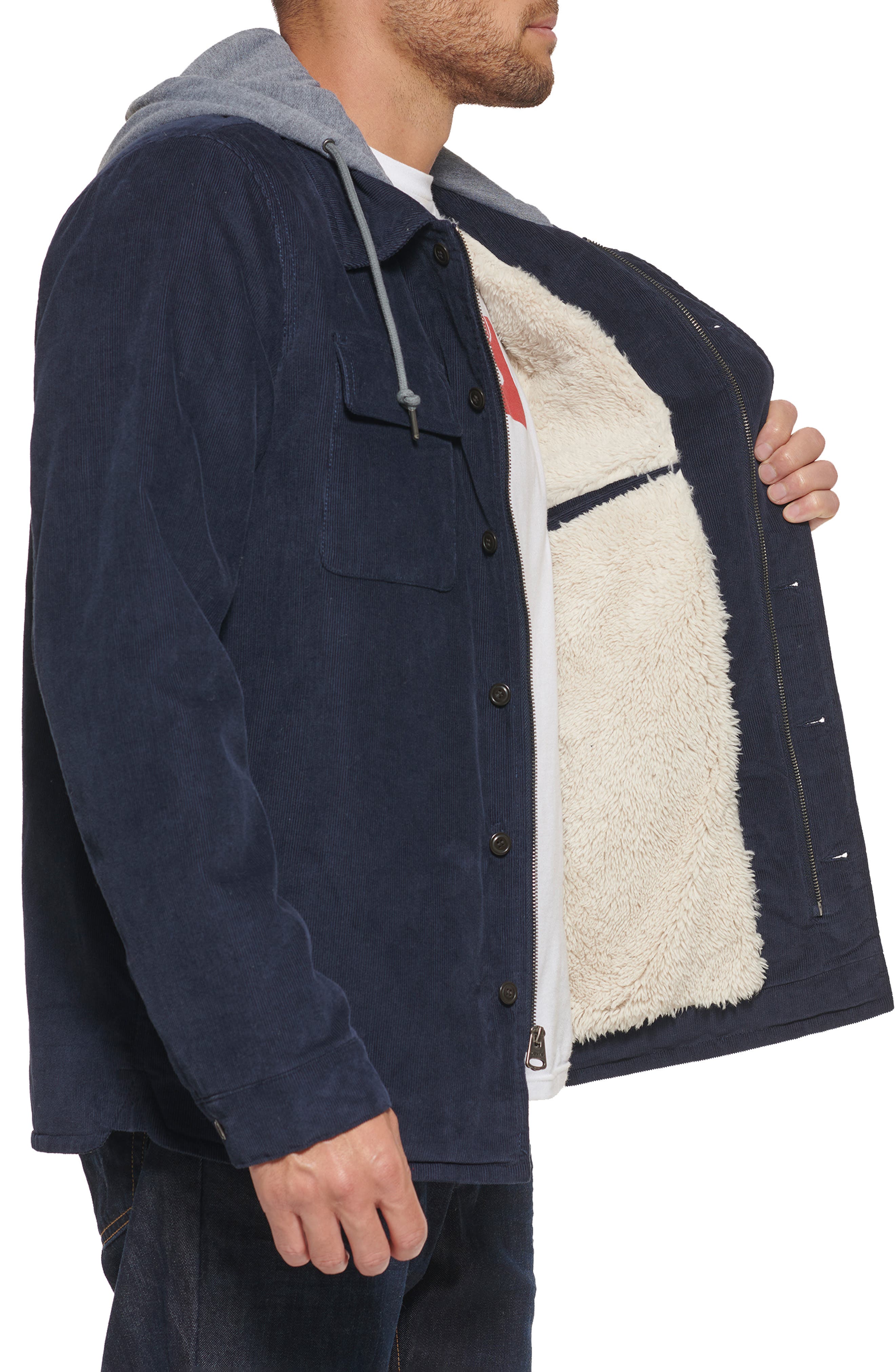 levi's hooded corduroy trucker jacket with faux shearling lining