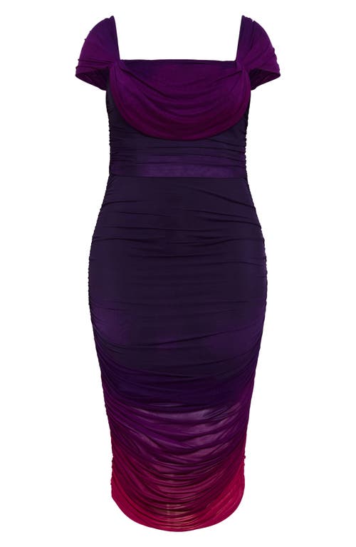 City Chic Ombré Ruched Square Neck Cap Sleeve Dress In Magenta Ombre