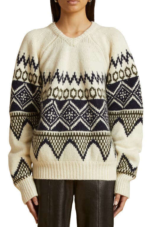 Khaite Nalani Fair Isle Cashmere V-Neck Sweater in Ivory Multi at Nordstrom, Size Large