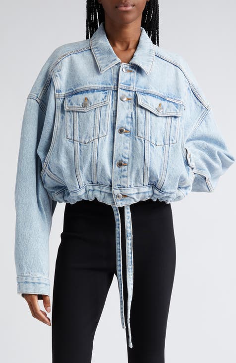 Drawstring Hem Crop Denim Trucker Jacket