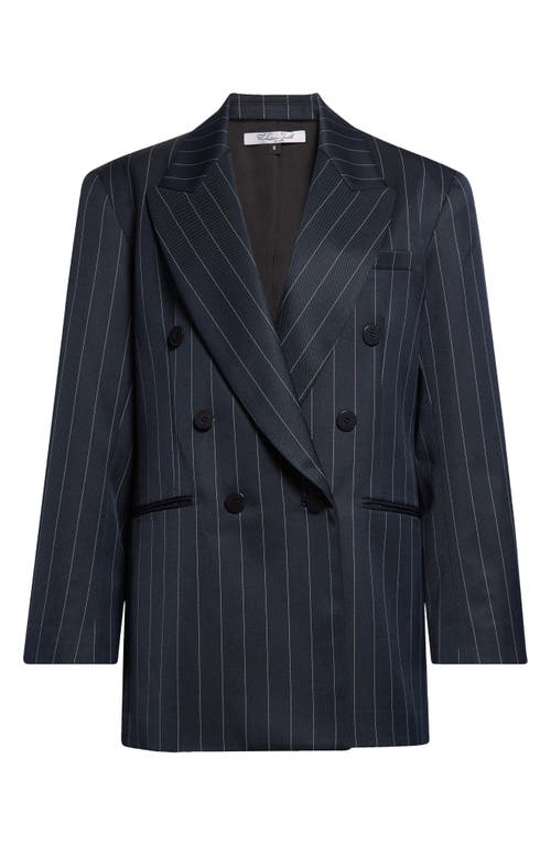 Laquan Smith Pinstripe Double Breasted Oversize Boyfriend Blazer In Navy
