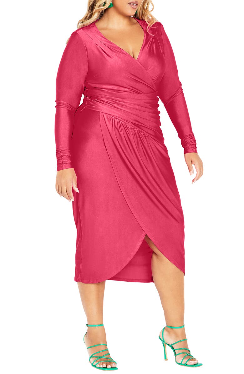 City Chic Marissa Ruched Long Sleeve Midi Dress, Alternate, color, Vibrant Pink