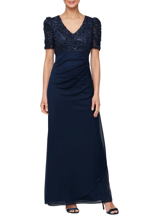 Alex Evenings Embellished Short Sleeve Empire Waist Gown In Navy