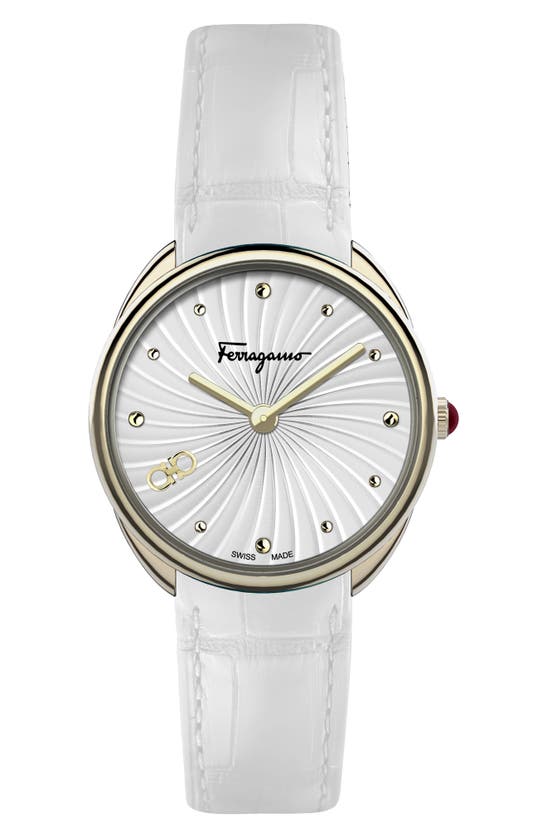 Ferragamo Guilloché Dial Embossed Leather Strap Watch, 34mm In Gold