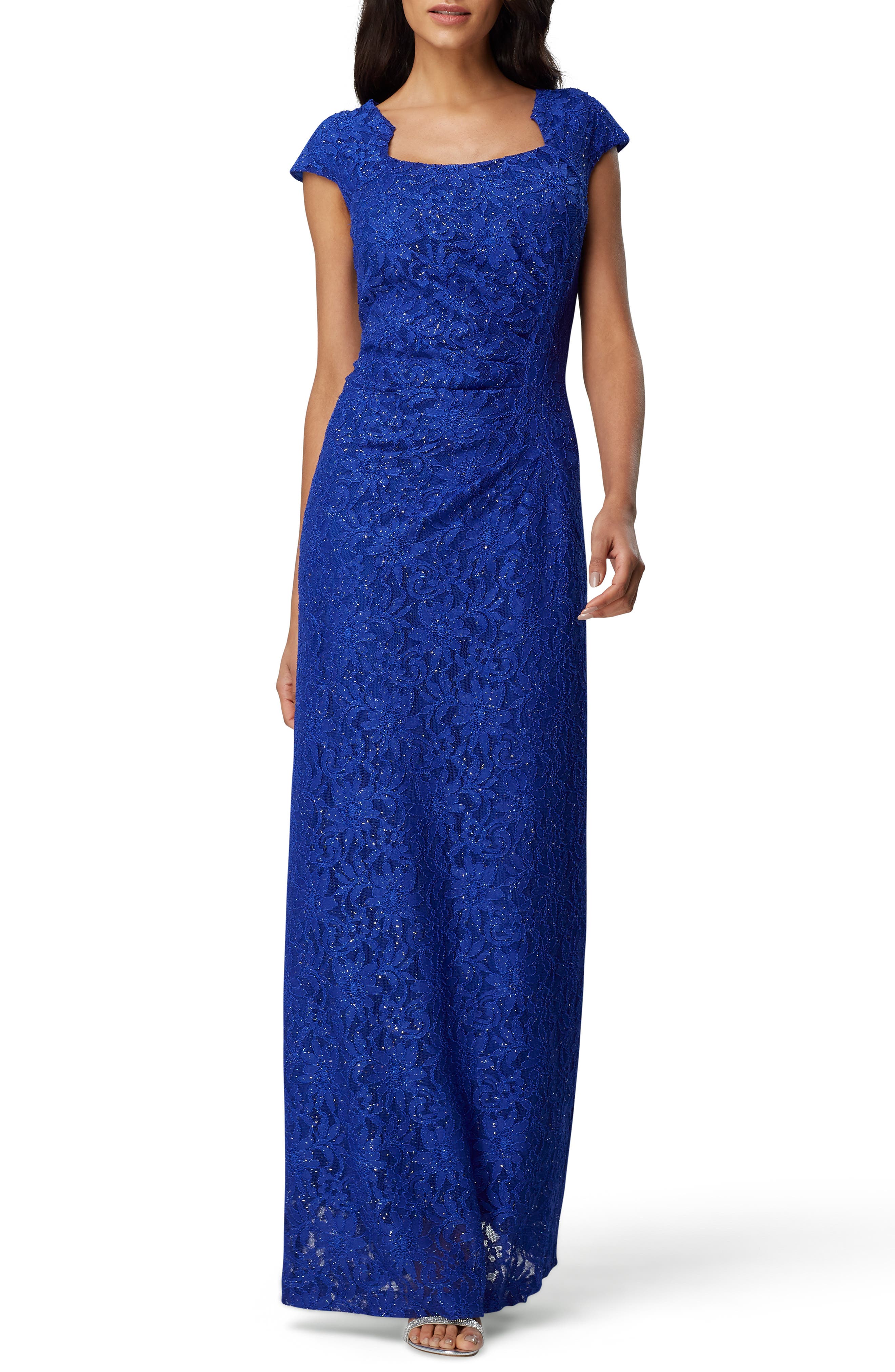 Tahari Lace Cap Sleeve Gown, Blue