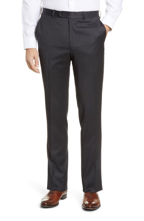 Peter Millar Harker Flat Front Solid Stretch Wool Dress Pants in Charcoal