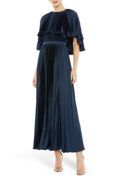 Pleated Capelet Satin Cocktail Dress
