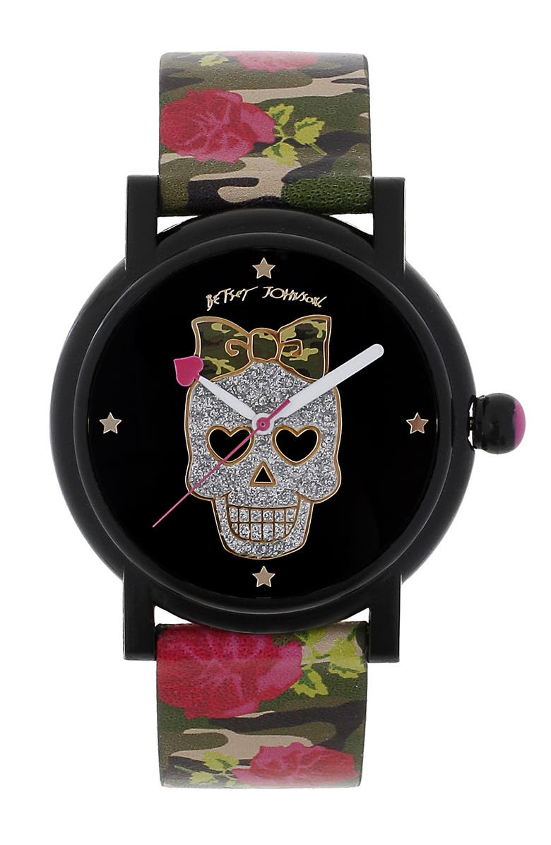 BETSEY JOHNSON Graphic Dial Print Strap Watch, Main, color, ROSE PRINT