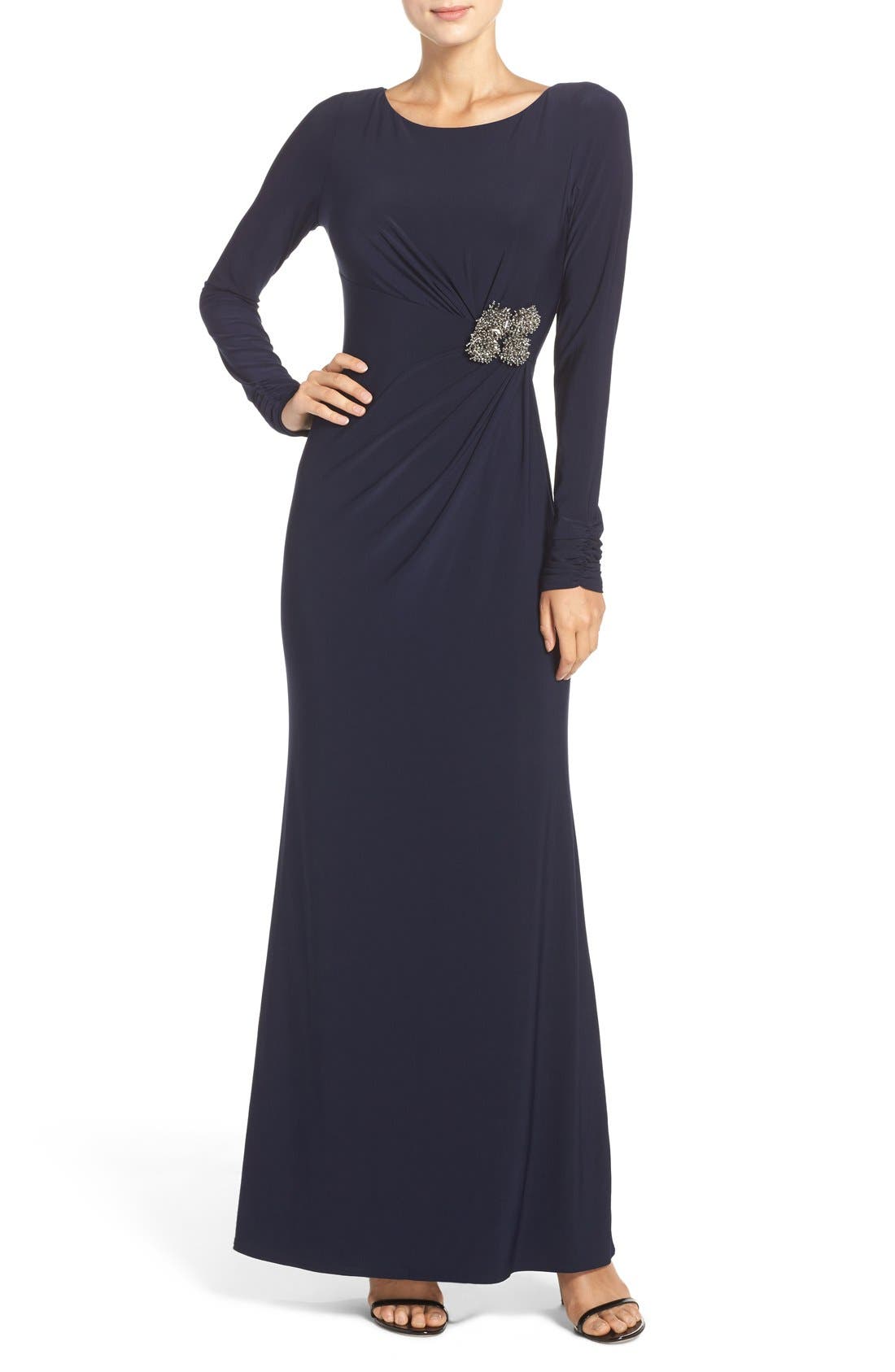 vince camuto beaded cuff ruched jersey gown