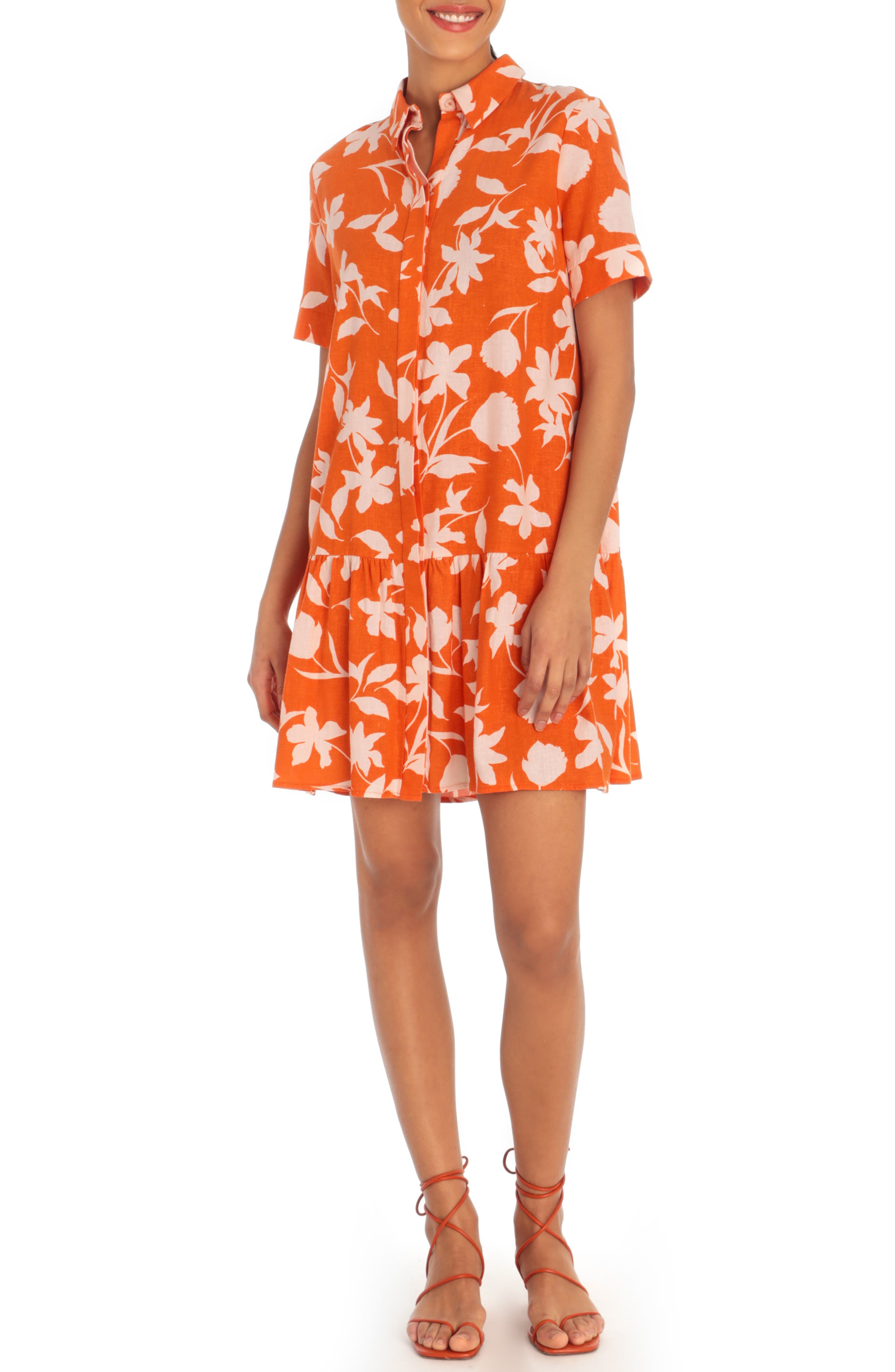 Donna Morgan Floral Short Sleeve Ruffled Linen Blend Shirt Dress